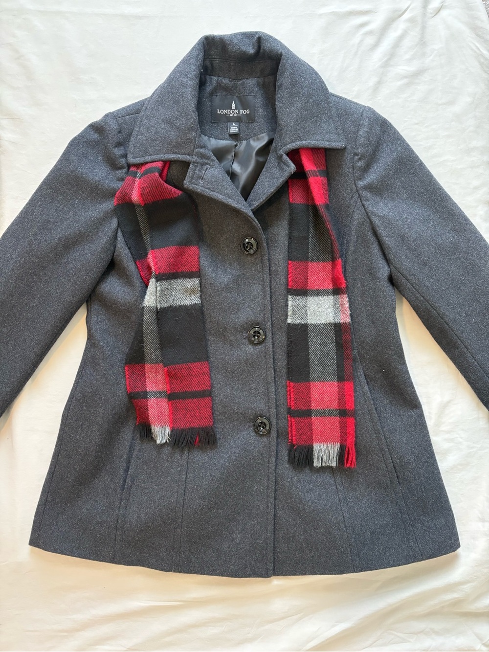 London Fog Charcoal Wool Blend Peacoat with Red Plaid Scarf Women’s Large